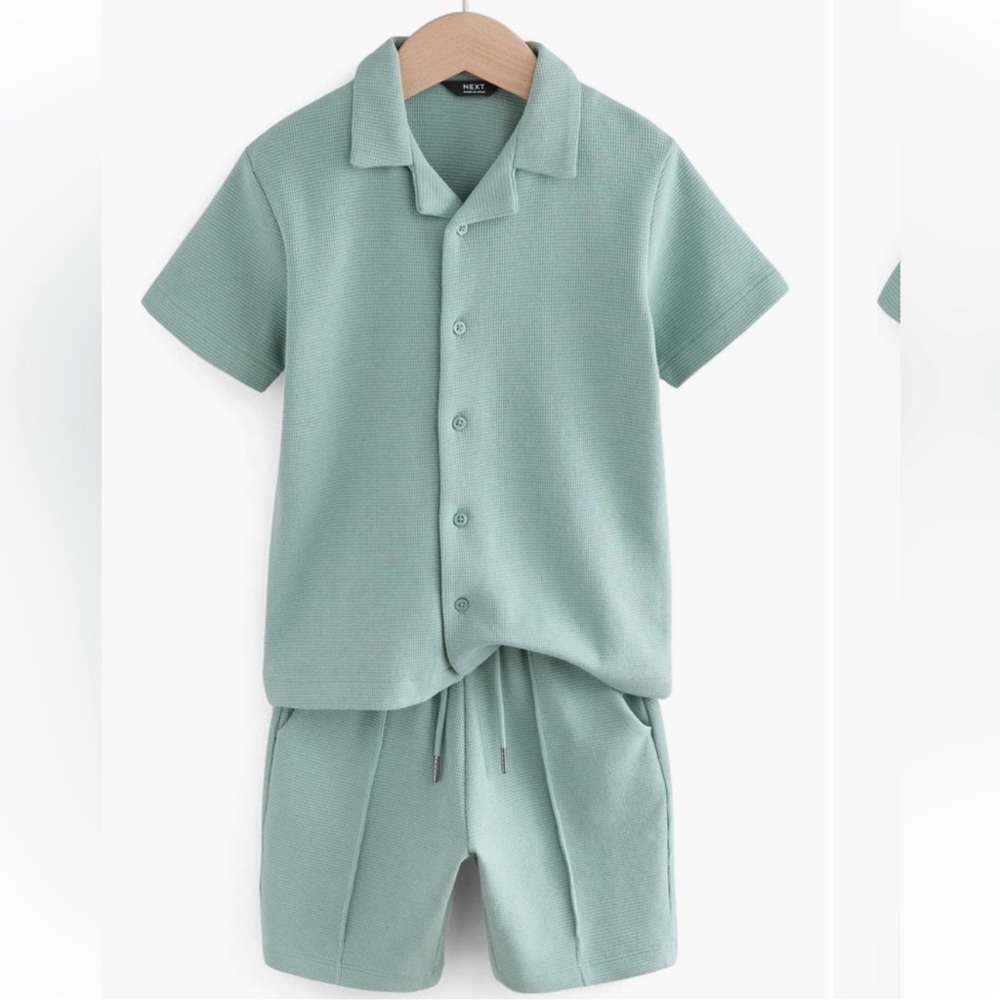 Kids' Waffle Knit Short Sleeve Cotton Button-Up Shirt &Shorts Set